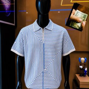 CoGrid Geo-Zip Polo - Ice Blue   White & Blue geometric lines