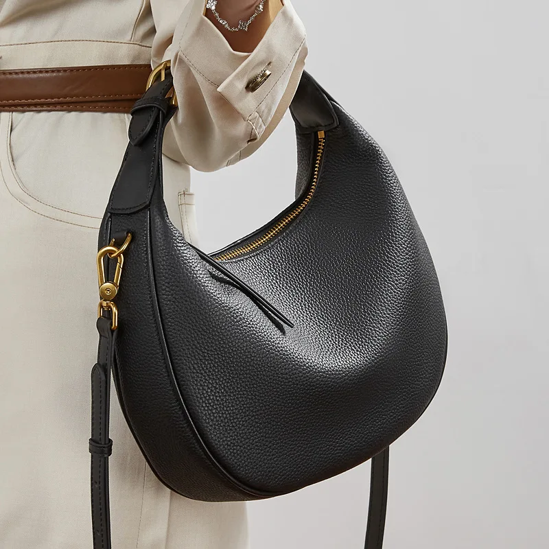 Top Layer Cowhide Handbag, Crossbody Bag, Crescent-shaped Bag, Luxury Large Capacity Handbag, Women's Top Layer