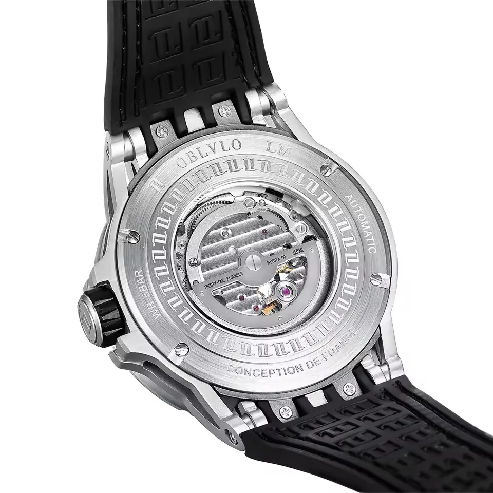OBLVLO Men's Luxury Automatic Mechanical Watch – Skeleton Dial, Stylish Military-Inspired Design, Waterproof Rubber Strap - Image 6
