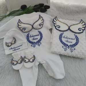 Dollbling Hospital Exit 5pcs Embroidery Name Newborn Angle Wings Romper Blanket Nursery Bedding Swaddle Handmade Infant Outfit