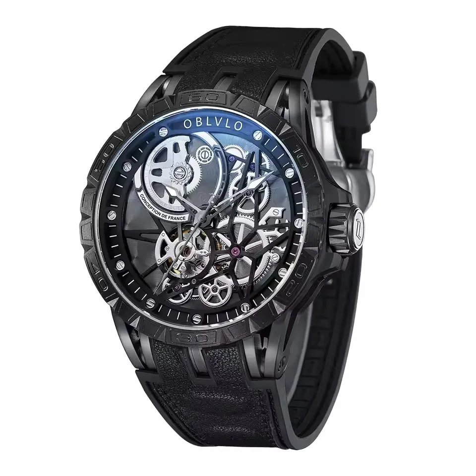 OBLVLO Men's Luxury Automatic Mechanical Watch – Skeleton Dial, Stylish Military-Inspired Design, Waterproof Rubber Strap - Image 4