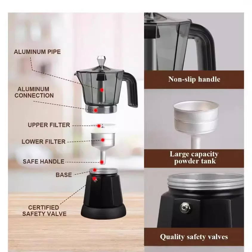 300ml/6 Cups Electric Coffee Maker Portable Aluminum Mocha Pot Italian Espresso Machine Kitchen Tools Percolator for Home Black - Image 2