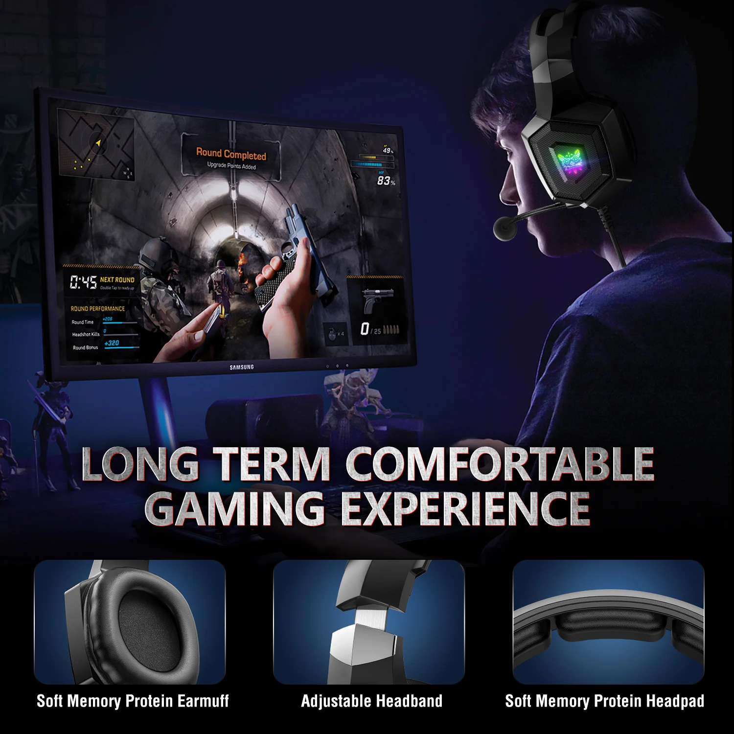 ONIKUMA K8 Wired Gaming Headphones with Flexible HD Mic RGB Lighting Effect Over-Ear Wired Headset Gamer for PC Gaming Xbox - Image 3