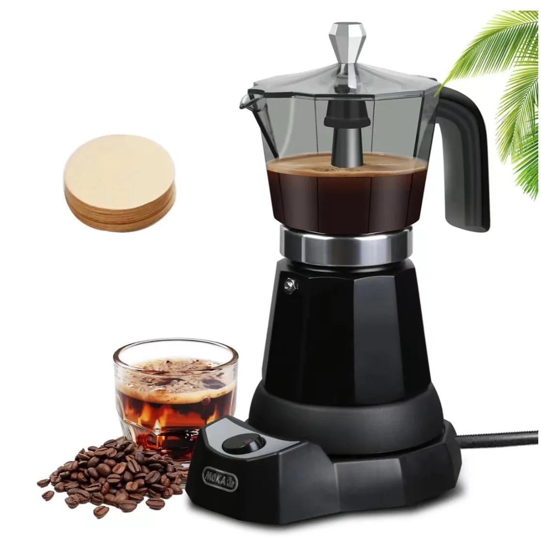 300ml/6 Cups Electric Coffee Maker Portable Aluminum Mocha Pot Italian Espresso Machine Kitchen Tools Percolator for Home Black