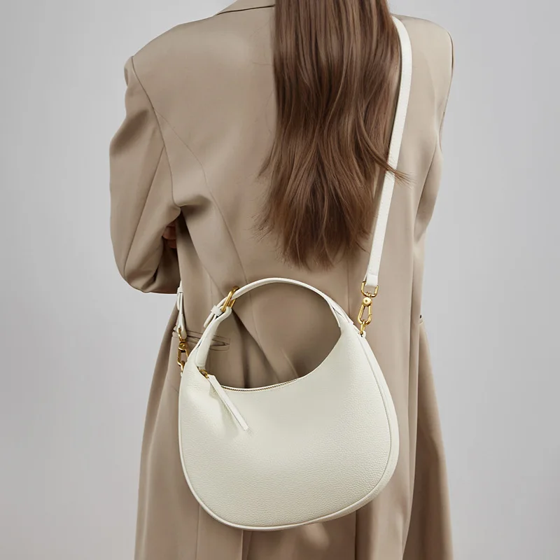 Top Layer Cowhide Handbag, Crossbody Bag, Crescent-shaped Bag, Luxury Large Capacity Handbag, Women's Top Layer - Image 3